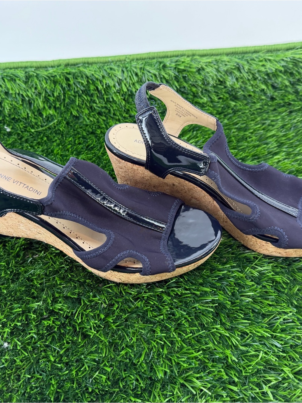 Adrienne Vittadini Collyn Navy Blue Cork Wedge Sandals Patent Trim 8M - Picture 3 of 8